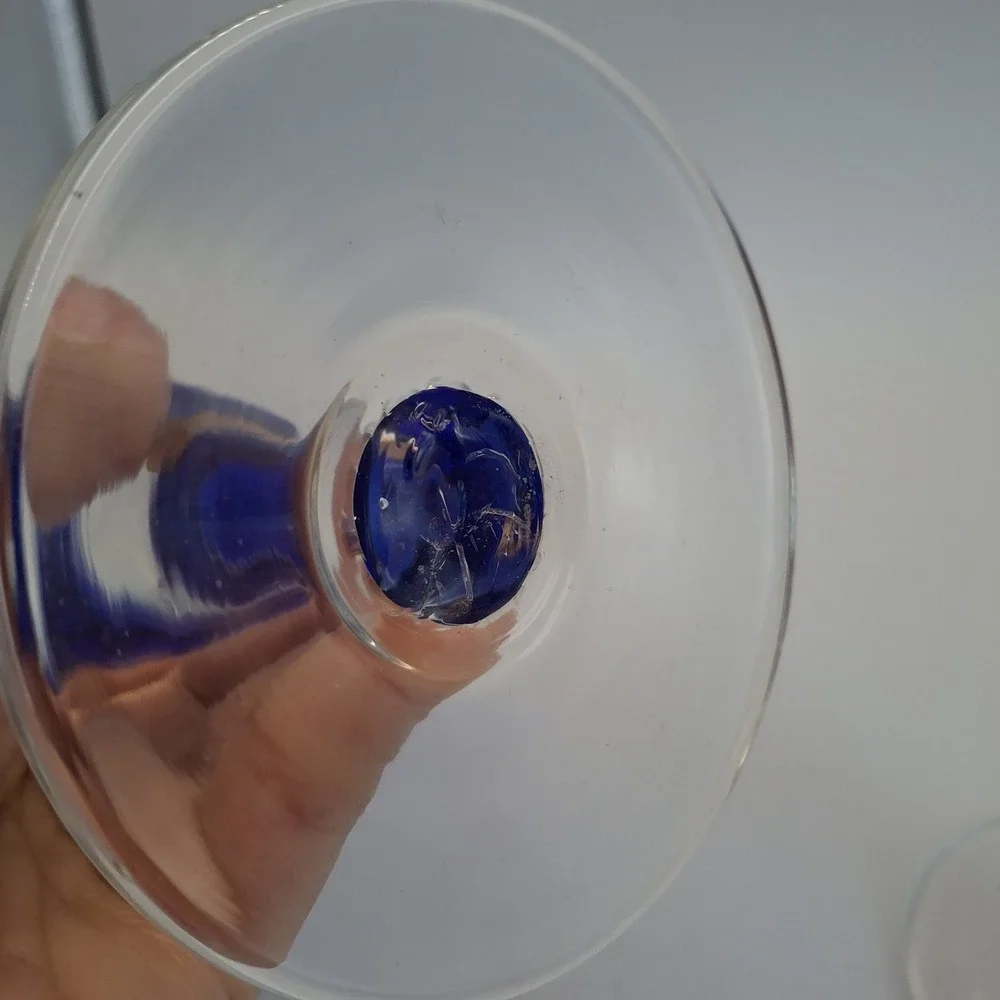 Pair Hand Blown Cobalt Blue Bubble Glass Goblets Clear Stem 8.5